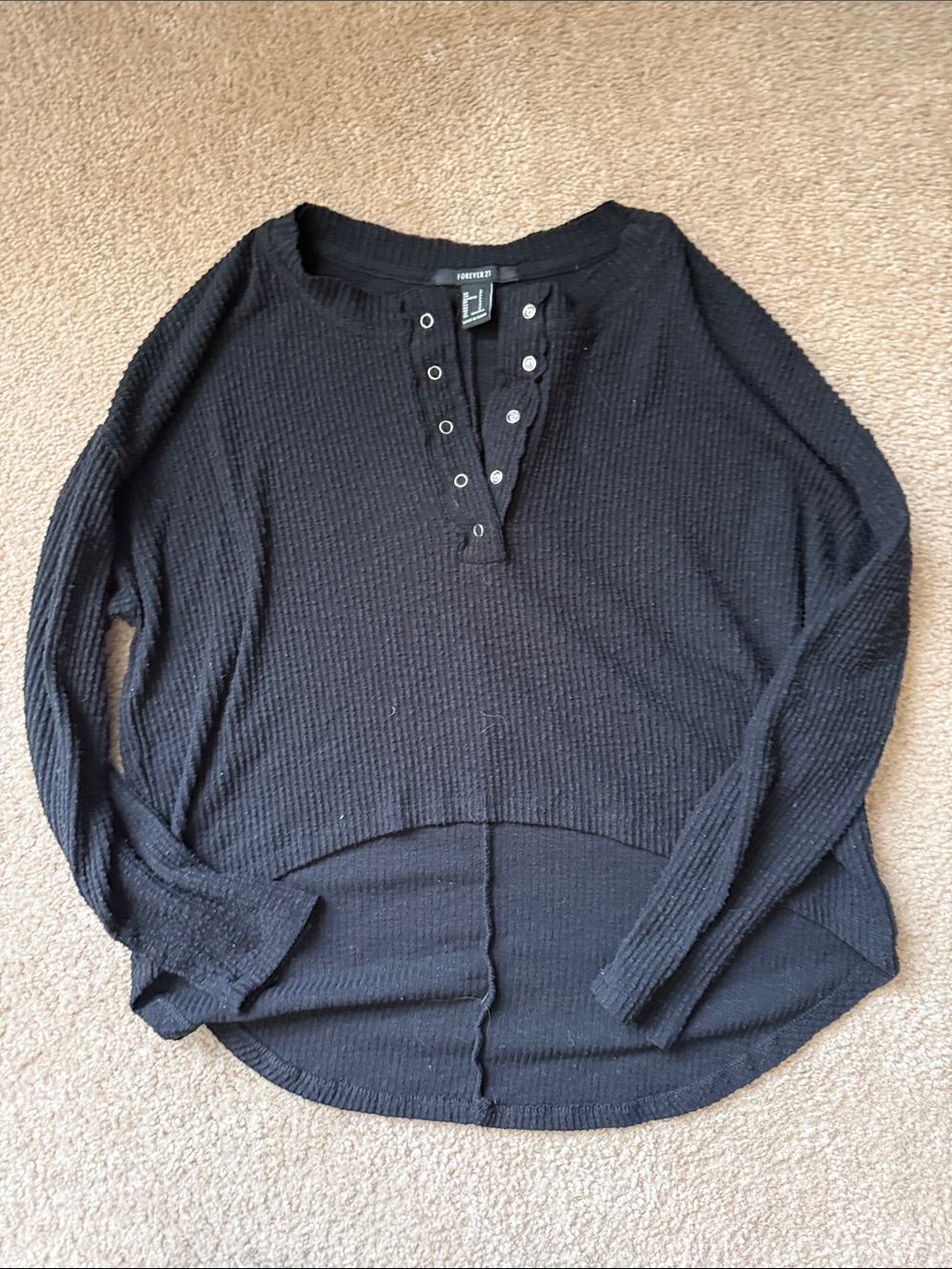 Forever 21 Black Waffle Knit Henley Long Sleeve Top